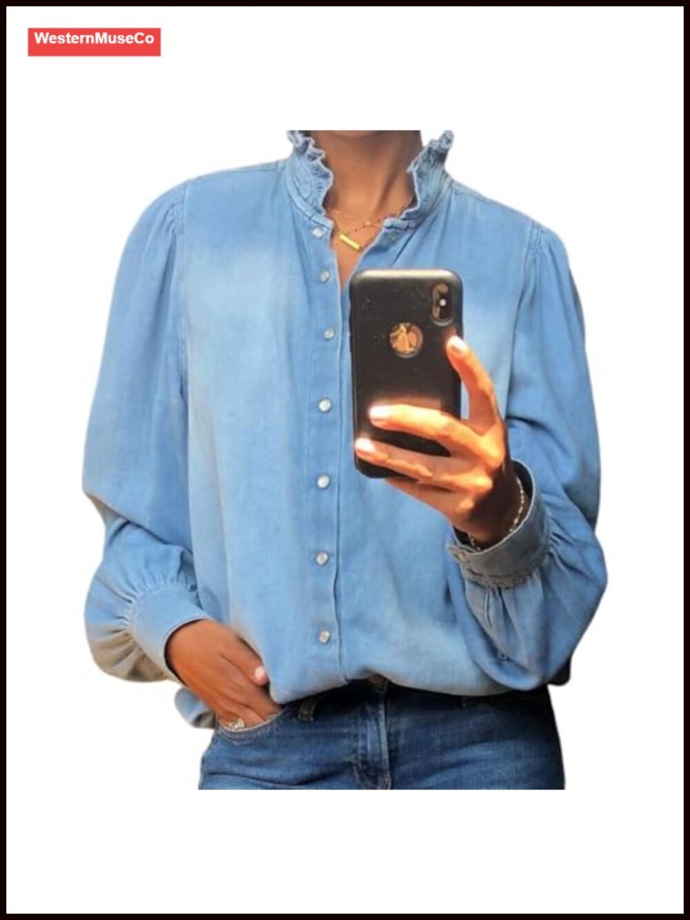 Denim Blouse Ruffle Neck Snap Button Long Sleeve Casual Top